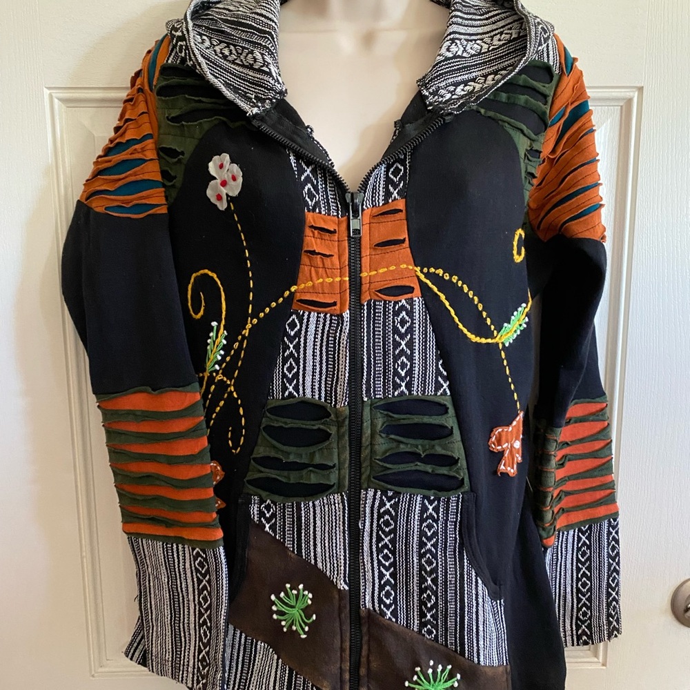 Colorful Bohemian Zip Front Hoodie with Embroidery 100% cotton Handmade, pockets